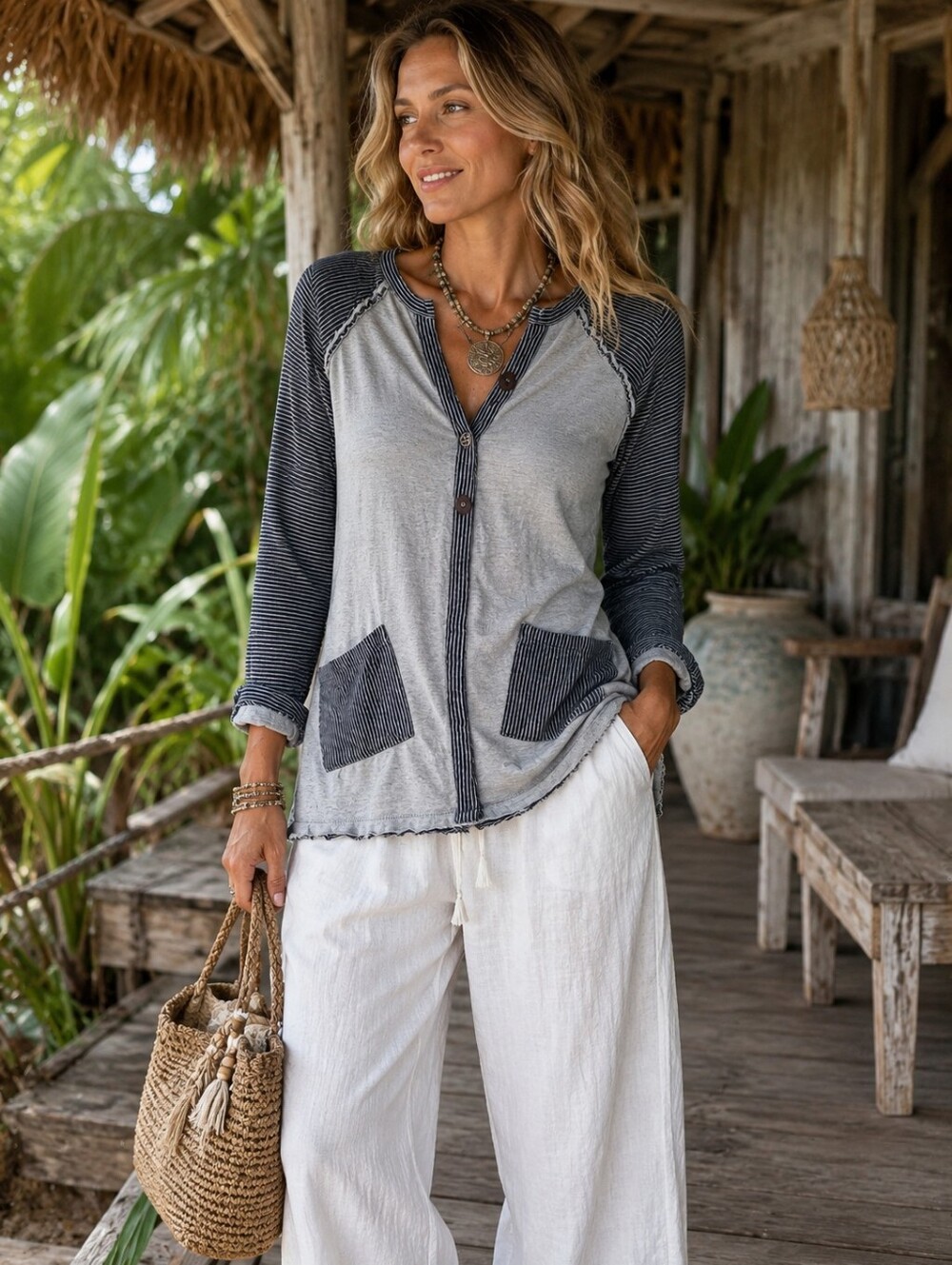 Neon Buddha Pointelle Cotton  Striped Asymmetrical Grunge Boho Festival Top